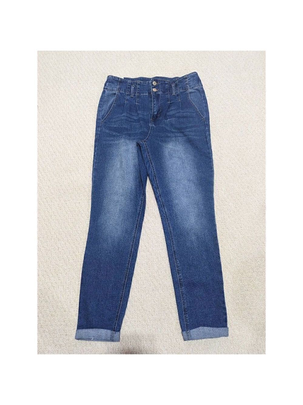 Almost Famous Women's Blue Wash High-Rise Straight-Leg Jeans Cuffed Jeans Size 9